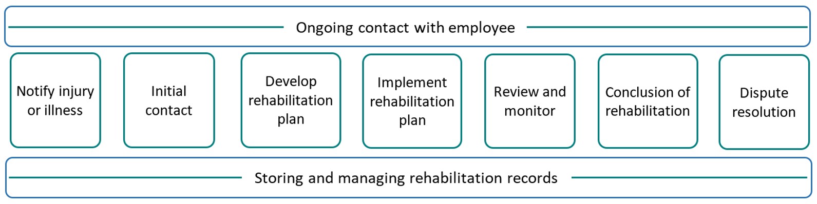Process flow of workplace rehabilitation process. Throughout the process are: - ongoing contact with employee, and  - storing and managing rehabilitation records.  The process step headings are: - notify injury or illness - initial contact - develop rehabilitation plan - implement rehabilitation plan - review and monitor - conclusion of rehabilitation - dispute resolution 