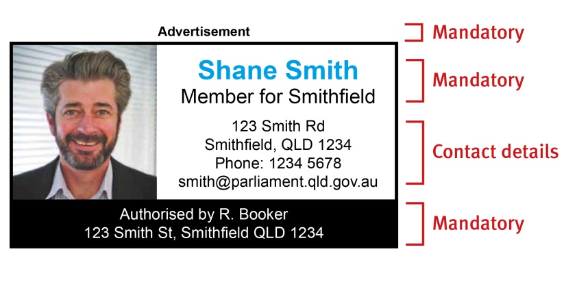 This image depicts an example advertisement including mandatory fields (name, position and authorisation) and contact details