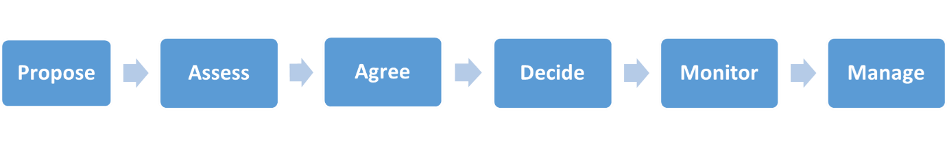This image describes key steps in the process for flexible arrangements with an alternative education provider. The key steps are propose, assess, agree, decide, monitor, and manage.
